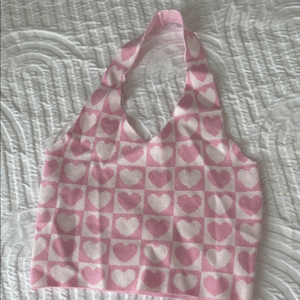 Pink and White Heart Pattern Halter Top